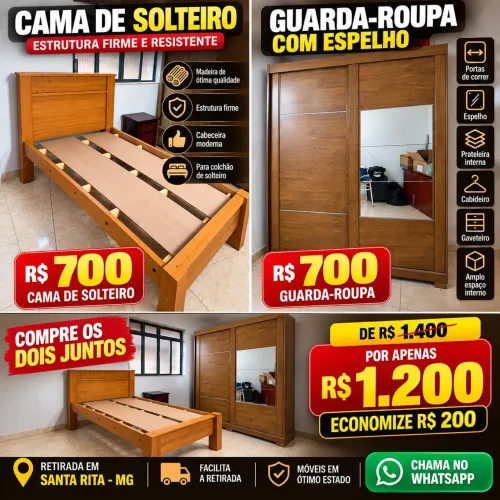 Cama de SOLTEIRO + GUARDA-ROUPA COM ESPELHO- oferta especial!