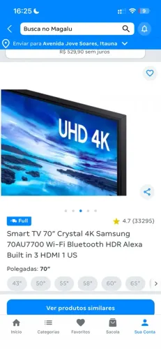 Smart TV 70" Crystal 4K Samsung 70AU7700 Wi-Fi Bluetooth HDR Alexa Built in 3 HDMI 1 US