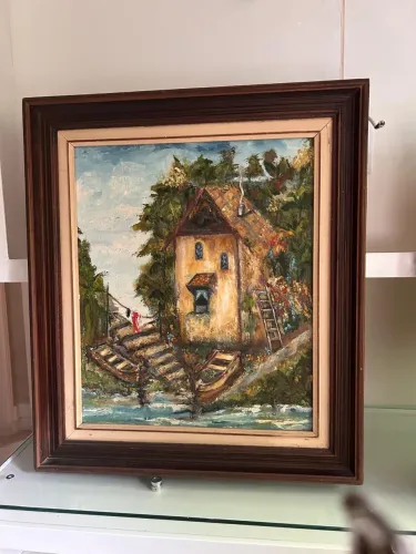 Quadro Antigo Óleo Sobre Tela - Paisagem Rústica Casa de Campo