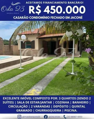 JACONÉ, ORLA 23 IMOBILIÁRIA VENDE! CASARÃO COM PISCINA, 3 QUARTOS EM CONDOMÍNIO.. 