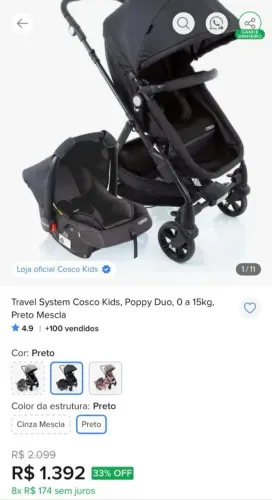 Travel System Cosco Kids, Poppy Duo, 0 a 15kg<br>Preto Mescla<br>4.9 | +100 vendidos