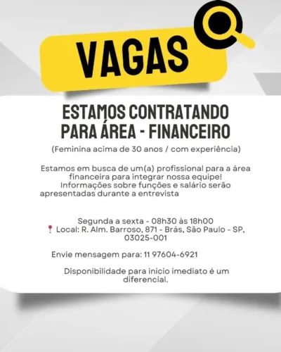 Vaga Financeiro - Mulheres acima de 30 anos