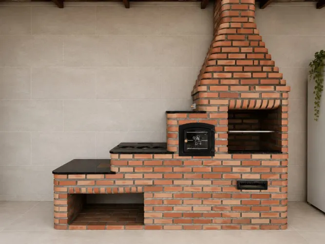 Trio churrasqueira com fogão de lenha e forno de tijolinho