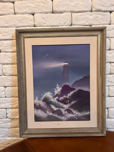 Quadro Marinha "O Farol" Pintura Óleo - Com Paspatur e Selo de Época