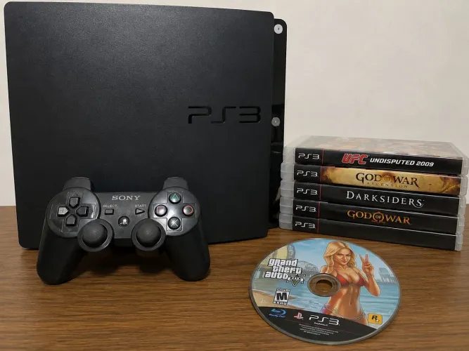 PS3 Slim Desbloqueado com 5 Jogos, Controle e Cabos - Ótimo Estado