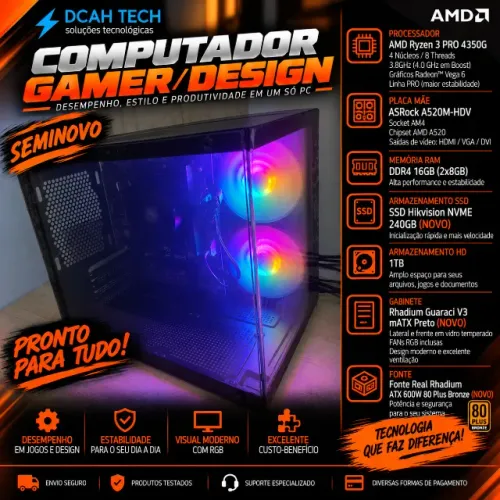 Computador Gamer/Design Ryzen 3 Pro 4350g + 16gb memória + Vega 6 integrada
