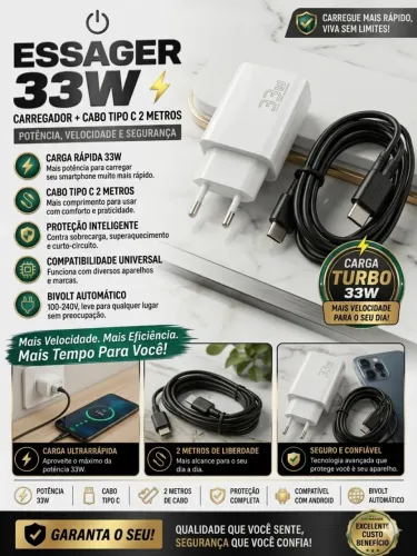 Carregador turbo essager 33w + cabo de 2 metros tipo c