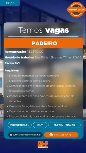 Vaga de Padeiro Matinhos
