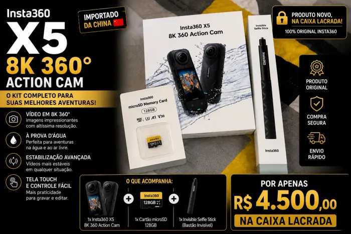 Insta360 X5 8K 360° Action Cam + Cartão 128GB + Bastão Invisível | Nova e Lacrada