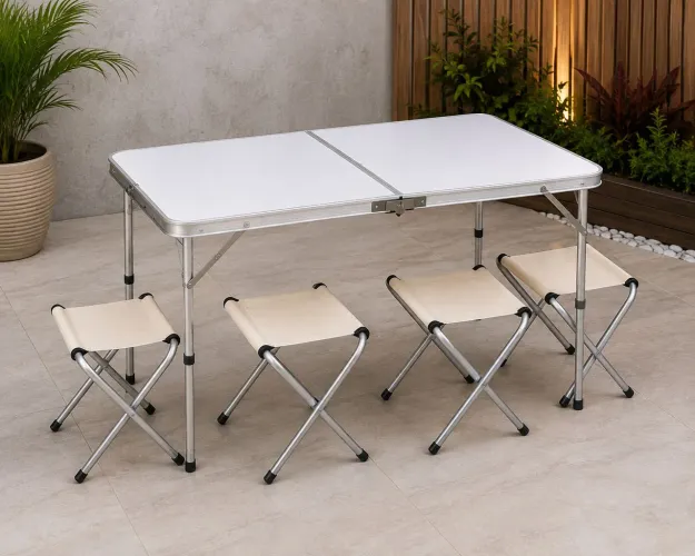 Mesa Dobrável Maleta 120x60 com 4 Bancos Dobráveis