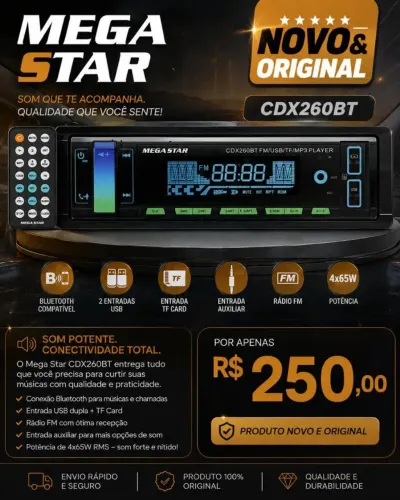 Rádio MEGA STAR SAIDA 4X65 Som de Ótima qualidade.