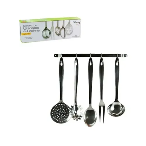 Conjunto De Utensílios Para Cozinha Inox Com Suporte De Parede