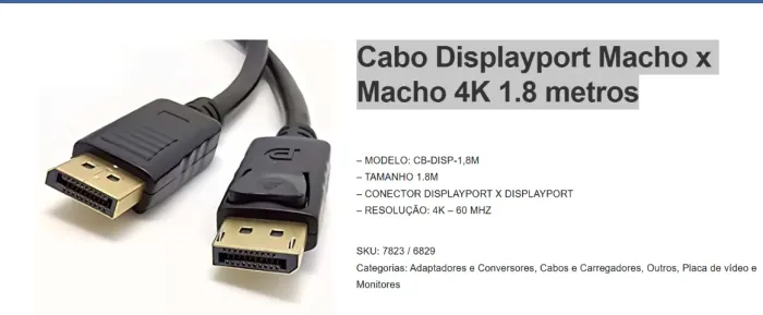 Cabo display port macho x display port macho 1,8 metros na loja Adel Cell