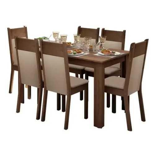 Conjunto Sala de Jantar Mesa Tampo de Madeira 6 Cadeiras Rustic/Crema/Bege Jaíne Madesa