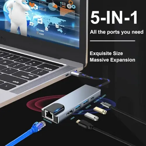 Adaptador multiporta USB C Hub, 5 em 1 USB C Docking Station com 4K HDMI, RJ45 Ethernet, U