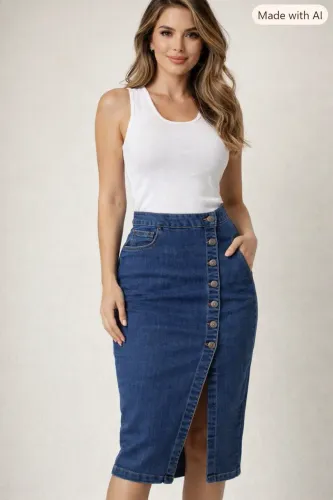 Saia jeans azul 36 / 38 botões e fenda frontais