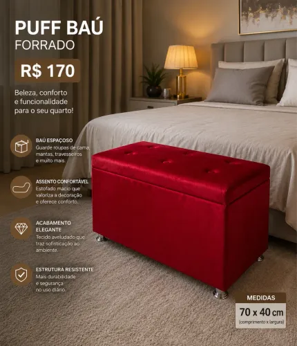 Puff baú forrado 70x40 para quarto, sala NOVOS 