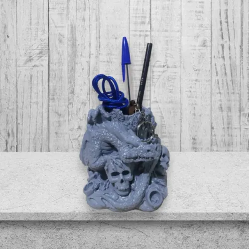 Porta Lápis Dragão Escultura Decorativa Organizador De Mesa Em Gesso