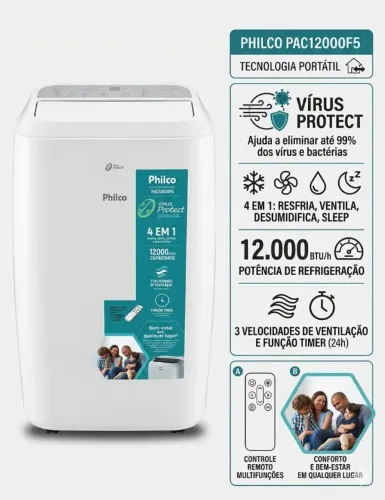 Ar Portátil Philco 12000 BTUs: Resfria e Desumidifica (4 em 1) 
