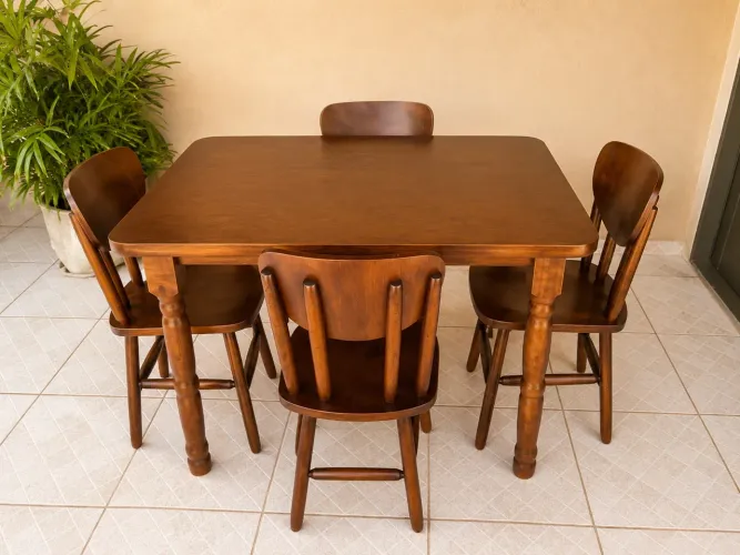 Jogo de mesa estilo Colonial em madeira torneada + 4 cadeiras 