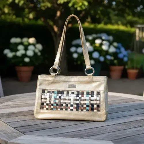 Bolsa de Couro Pequena Dourada e Bege