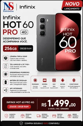Infinix Hot 60 Pro 256GB Armazenamento 8GB RAM, Processador MediaTek Helio G200, Câmera 50
