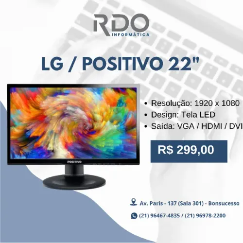 Monitor LG Positivo 22" LED 1920x1080 VGA HDMI DVI - Ideal para escritório e uso doméstico
