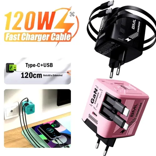 Carregador Turbo Retrátil Tipo-C Carregamento Rápido para 3 Dispositivos- iPhone Android