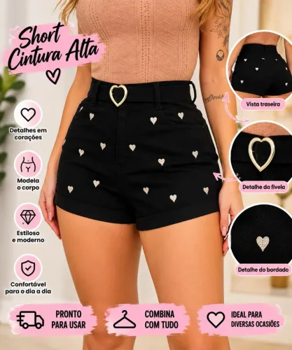 Short Feminino Cintura Alta Preto com Corações e Fivela de Coração ?