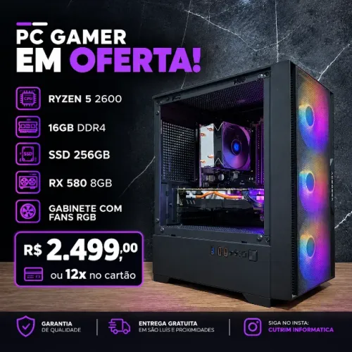 PC GAMER RYZEN 5/ RX 580 8GB/ 16GB DDR4/ SSD 256GB. 12X NO CARTAO