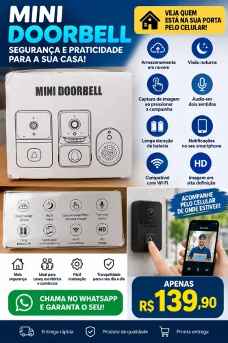 Campainha Inteligente Wi-Fi com Câmera Mini Doorbell Visão Noturna