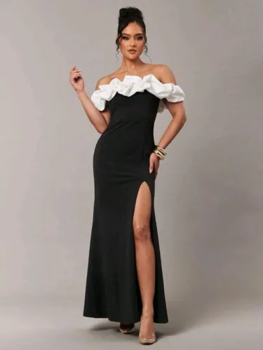 Vestido Longo Festa Preto com Babado Branco e Fenda