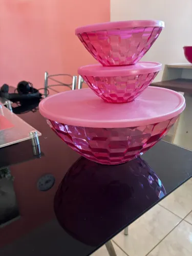 Kit Trio Tigelas Prisma Tupperware Policarbonato Rosa - 3 Peças