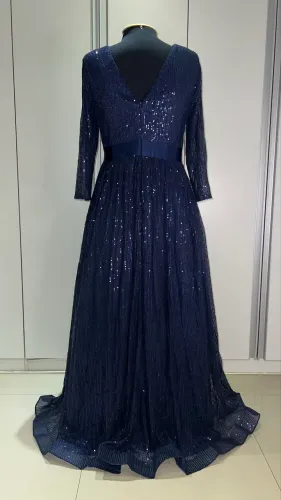 Vestido festa azul marinho com mangas paetê madrinha, mãe, convidada