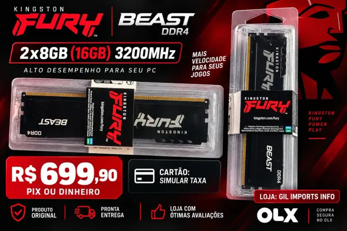 MEMÓRIA RAM KINGSTON FURY BEAST DDR4 16GB (2x8GB) 3200MHz NOVA LACRADA