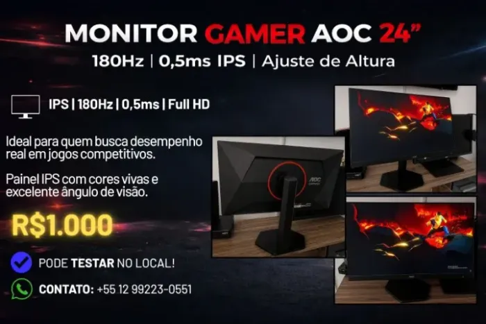 Monitor Gamer Ips Preto AOC 24G4/P 180Hz  Tempo de Resposta 0,5ms