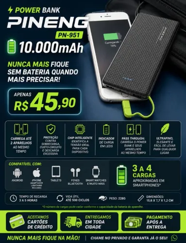 CARREGADOR POWER BANK PINENG PN-951 - 10.000mAh