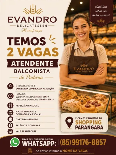 VAGA - ATENDENTE / BALCONISTA DE PADARIA