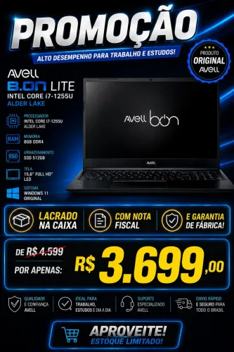 Notebook Office Avell B.On Lite Intel Core i7- 1255U Alder Lake