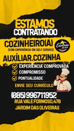 Vaga para cozinheiro com experiência em self service 