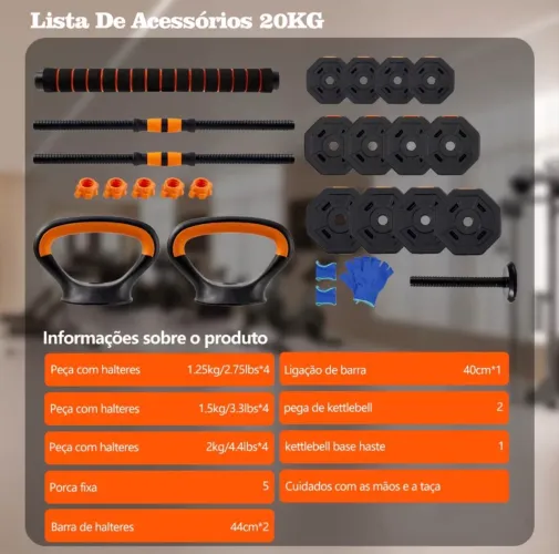Kit alteres de musculação até 20kg com kettlebell e barra