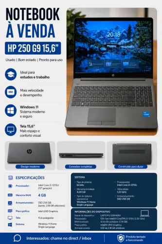 Notebook HP 250 G9 i3-1115G4 SSD 256GB Windows 11