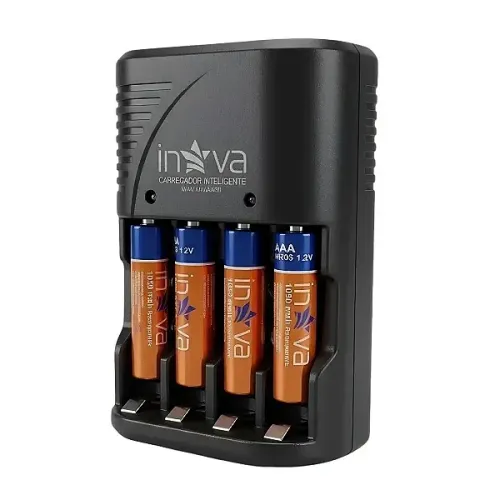 Kit Carregador de Pilhas Inteligente AA AAA e Bateria 9V Bi-Volt com 4 Pilhas AAA 1050mAh