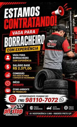 Vaga de emprego para borracheiro, com experiência na área.