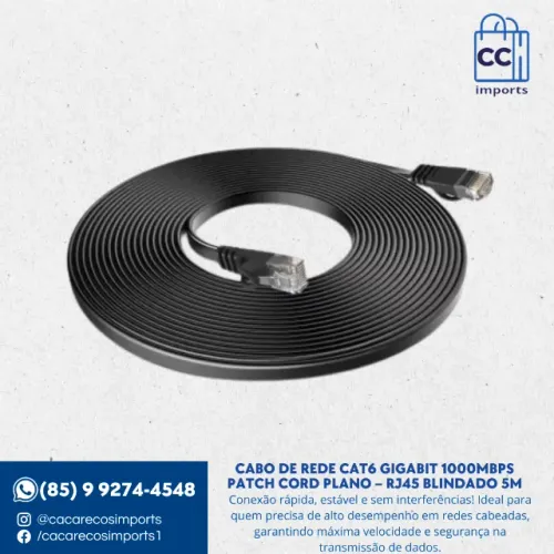 Cabo de Rede CAT6 Gigabit 1000Mbps Patch Cord Plano - RJ45 Blindado 5m