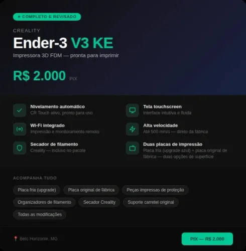 Impressora 3D Creality Ender-3 V3 KE Completa + Secador de Filamento