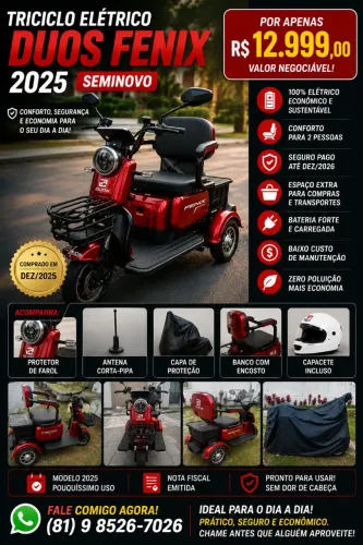 Triciclo Elétrico Duos Fênix 2025 - Pouquíssimo Uso | R$ 12.999