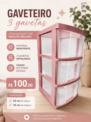 Gaveteiro plástico 3 gavetas