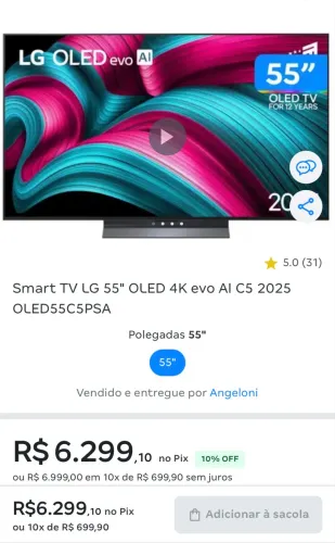 Smart TV LG 55" OLED 4K evo AI C5 2025 OLED55C5PSA
