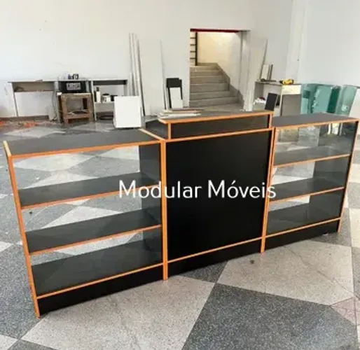 Balcão Caixa + 2 Balcões Vitrine com Fitados Colorido - MDF Preto
